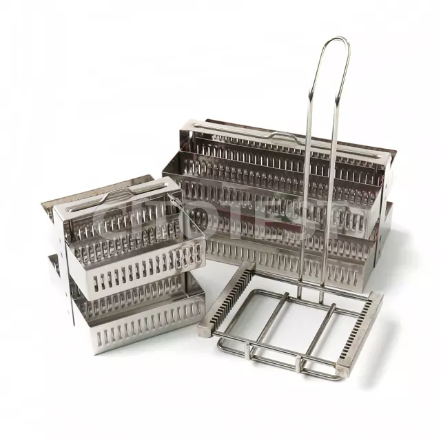 صورة حامل شرائح مجهرية ستانلس ستيل للصبغ (سلة صبغ) (Stainless Steel Microscope Slide Staining Rack Basket with Handle 20/30 Slides) - واقف للتجارة صنعاء