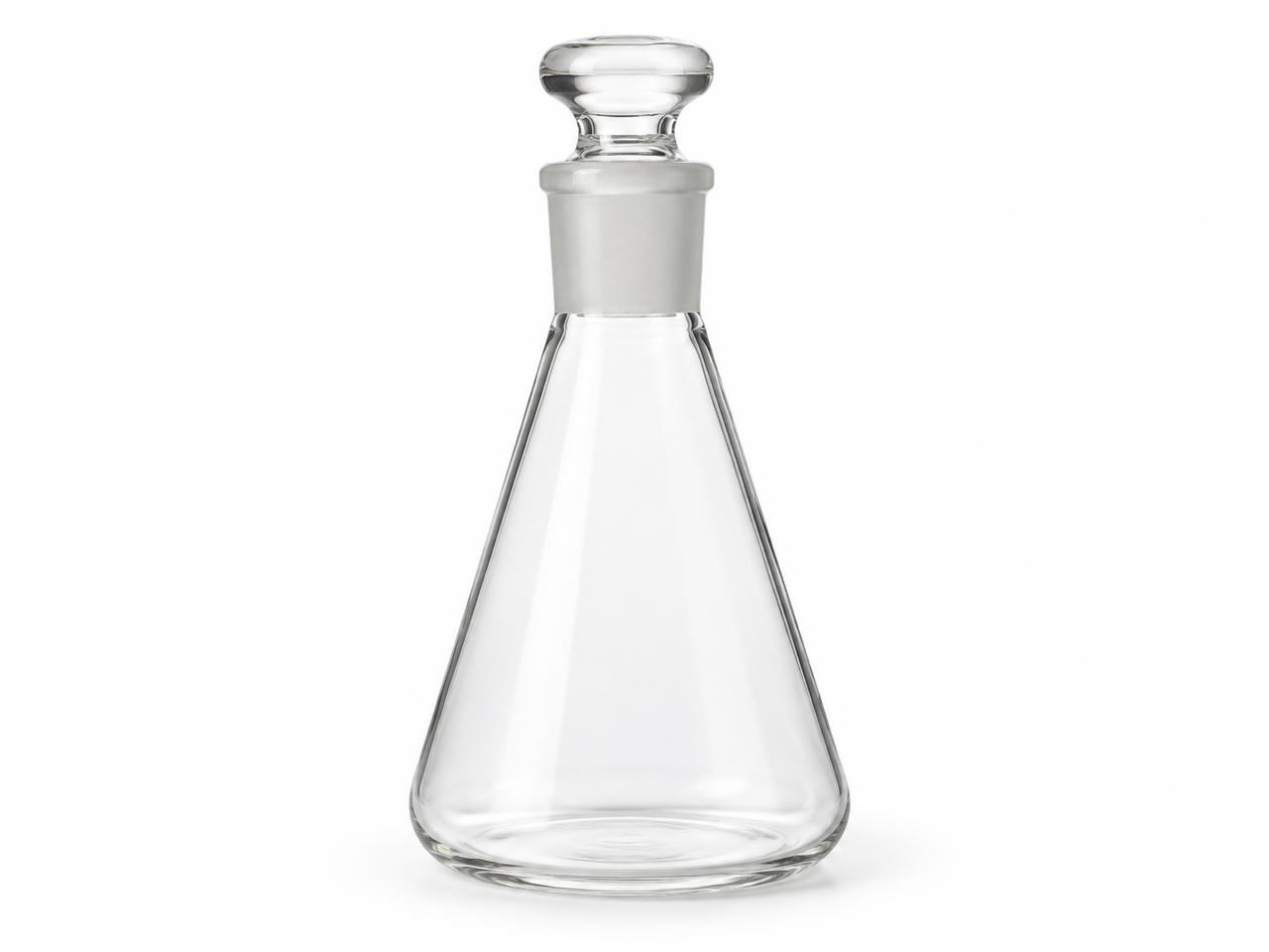 صورة كونيكل فلاسك زجاجي برأس مصنفر مع غطاء 50 مل (Glass Conical Flask with Ground Stopper 50 ml) - واقف للتجارة صنعاء