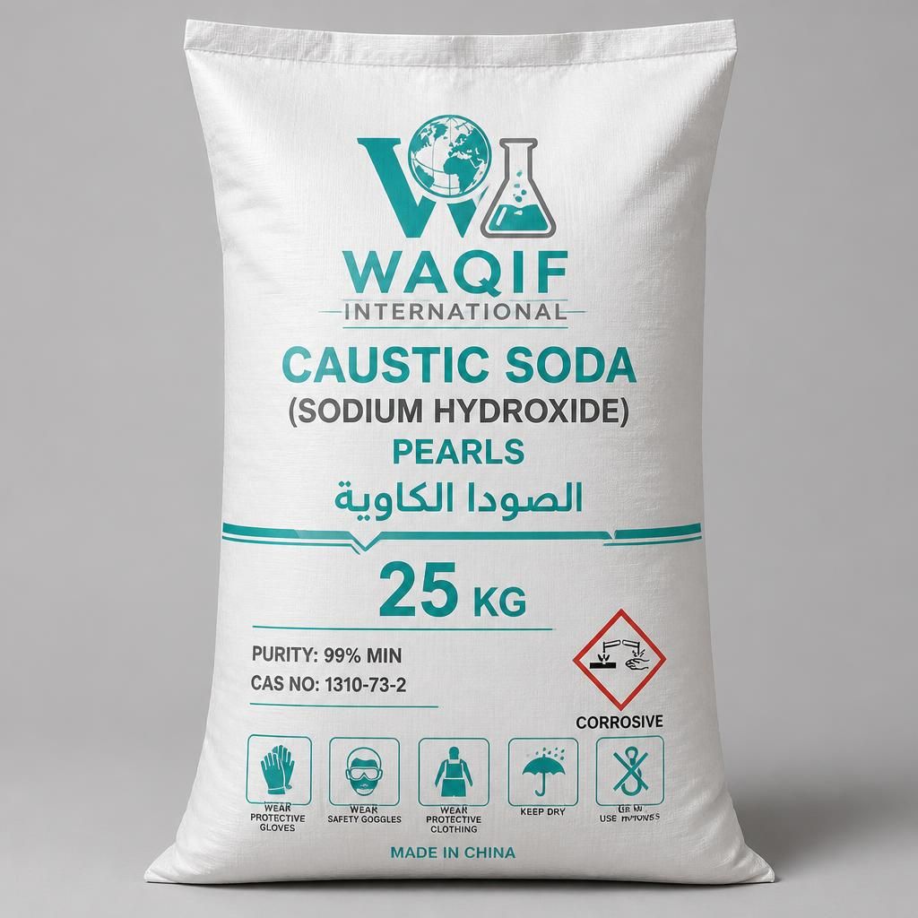 صورة الصودا الكاوية (هيدروكسيد الصوديوم) لؤلؤ — كيس 25 كجم (Caustic Soda Pearls (Sodium Hydroxide) — 25 KG Bag) - واقف للتجارة صنعاء